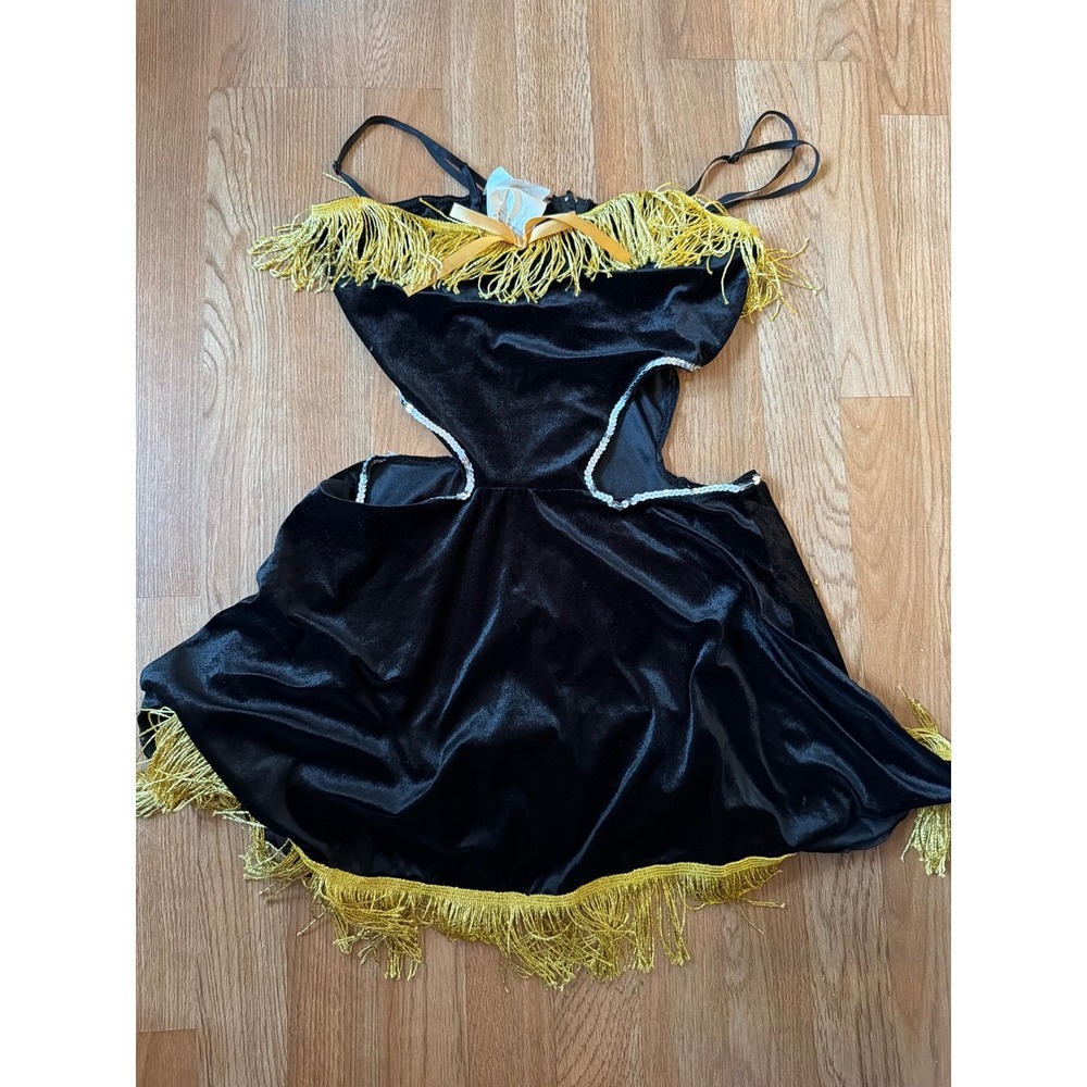 California Costumes Black Velvet Gold Fringe Flapper Dress Small 01424